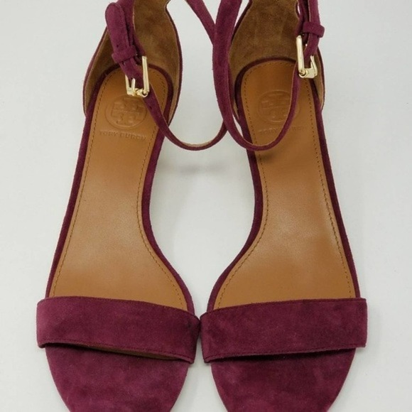 Tory Burch Savannah Cork Wedge Buckle Ankle Open Toe Burgundy Sandals Size 6.5 - Picture 4 of 7